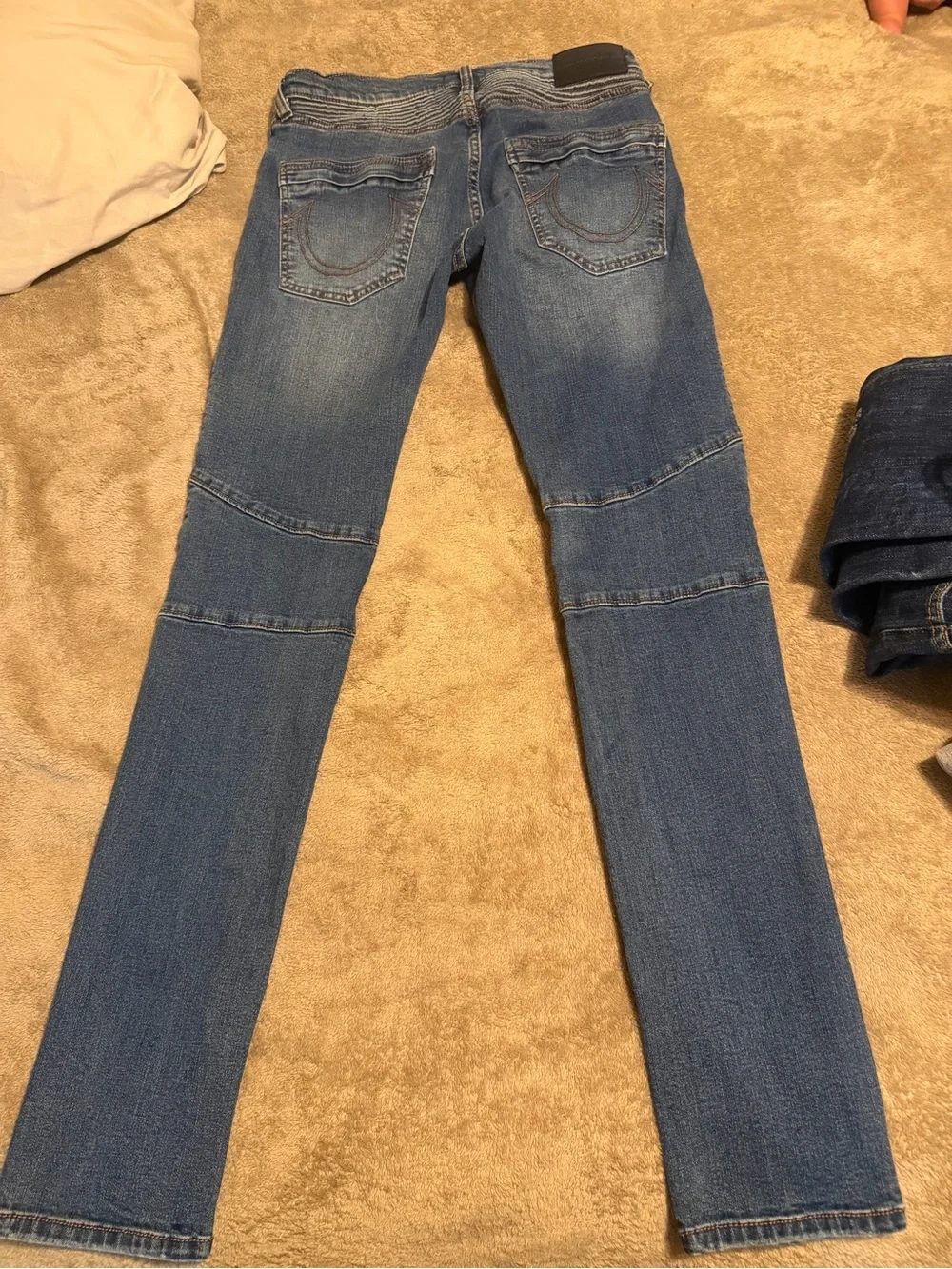 True Religion Men's Skinny Jeans in Medium Blue with Moto Ribbing